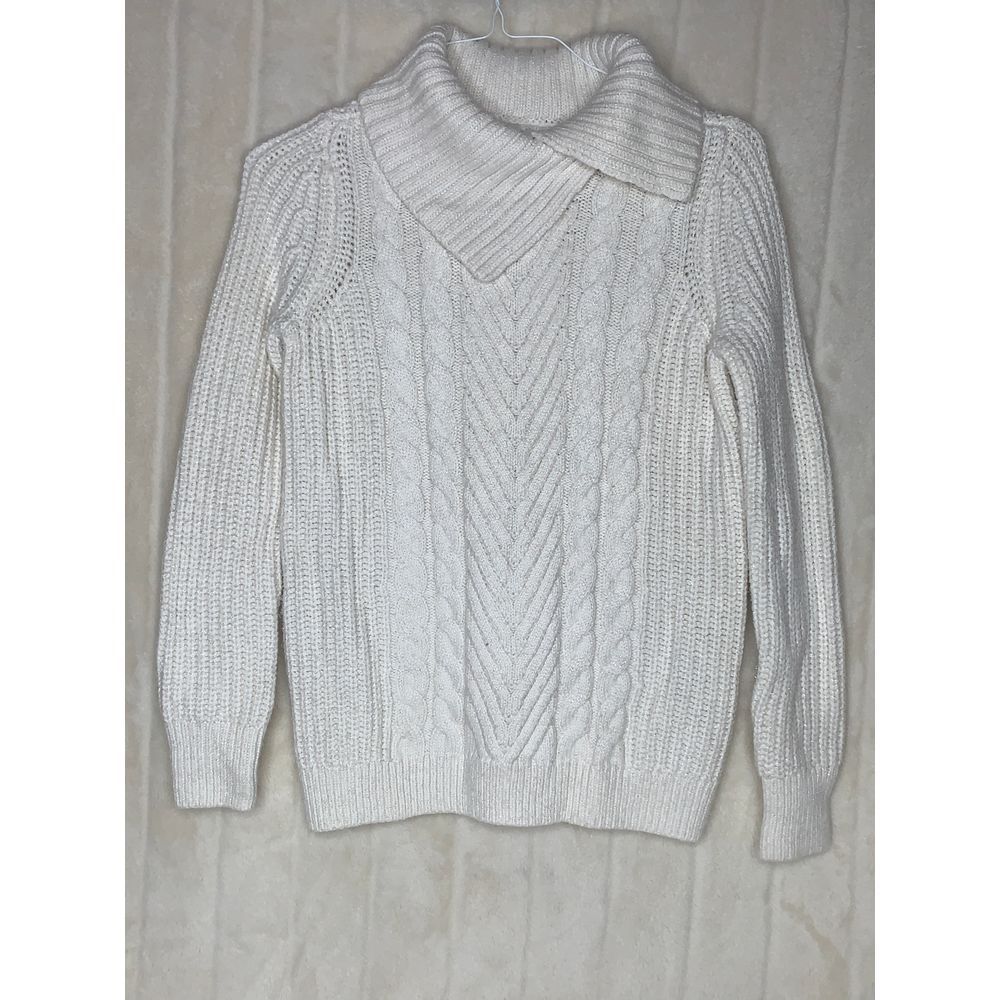 Nautica Sweater Womens S White Glimmer Shawl Neck Cable Knit Cozy Stretch